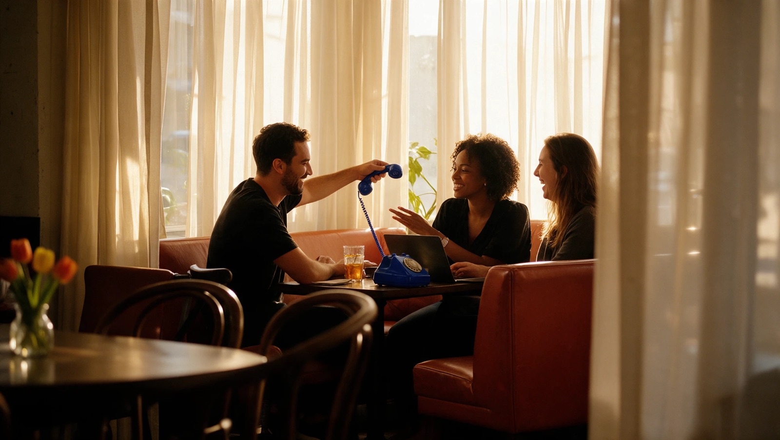 Três amigos conversando e rindo em um café, um deles com um telefone azul na mão